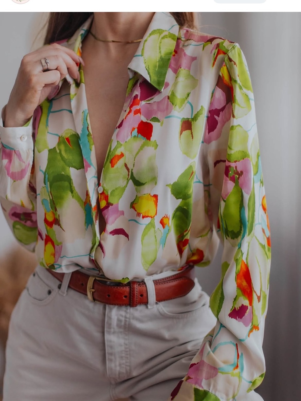 Zara White Floral Watercolor Button-Down Blouse